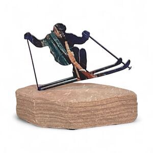 Lazart Laser Cut Metal Skier Silhouette Mounted On Stone Decor Ski Mountains